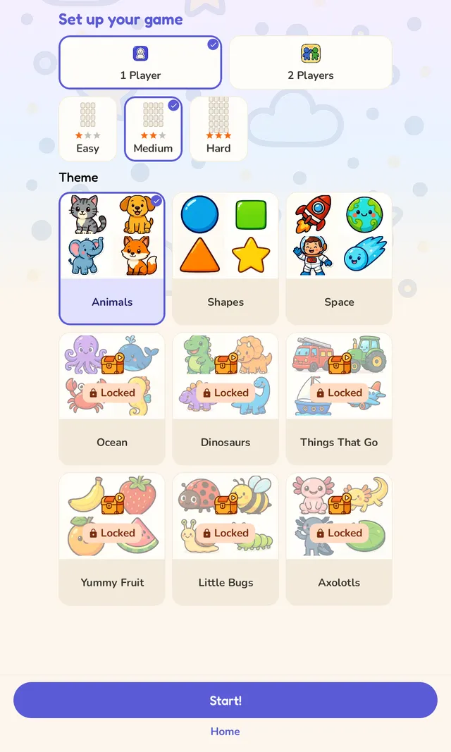 Game setup screen for choosing 1 or 2 players, Easy, Medium, or Hard difficulty, and a card theme such as Animals, Shapes, Space, or Ocean, with several themed packs shown as locked.